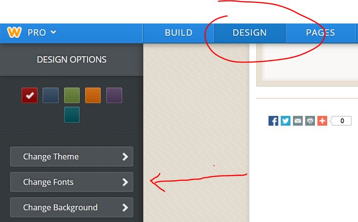 Weebly editor: dDesign Tab and Change Fonts tab.