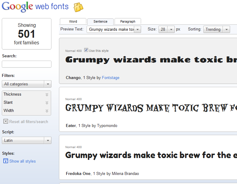Home page for Google web fonts.