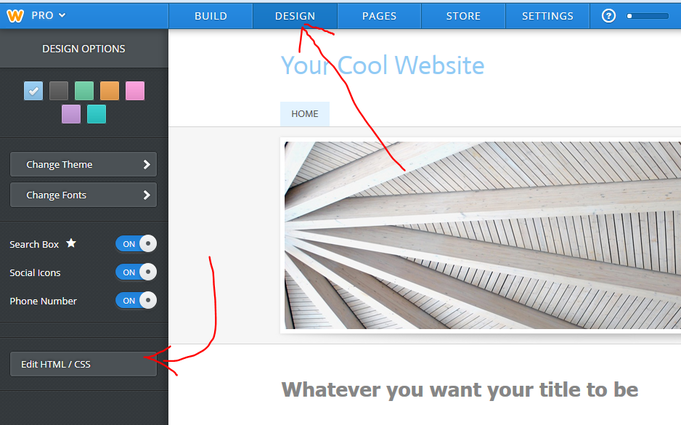 Weebly WYSIWYG editor, design tab and edit html/css highlighted.
